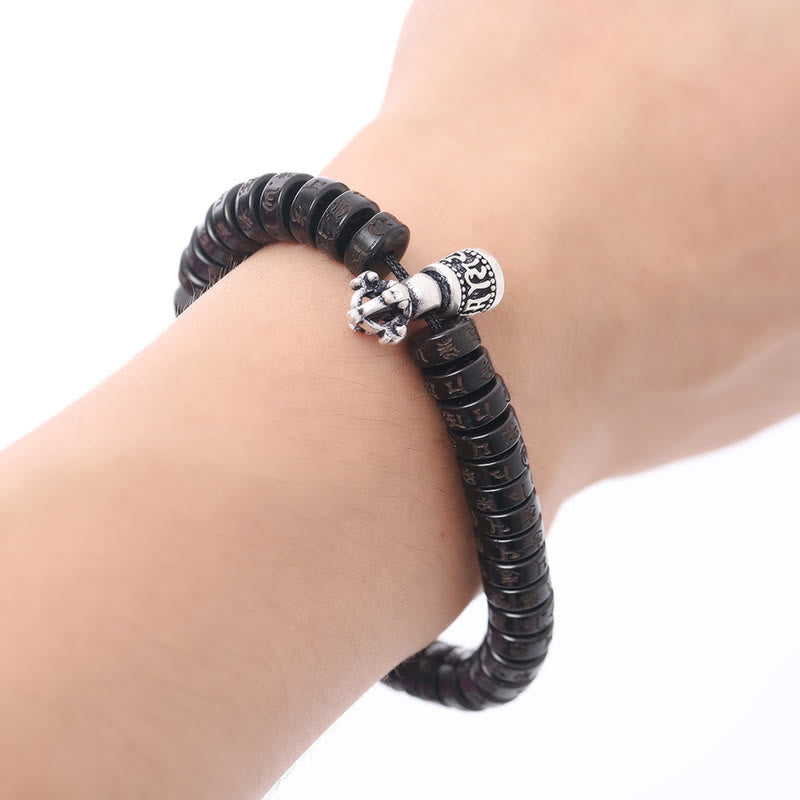 Carved Coconut Shell & Copper Om Mani Padme Hum Ritual Bell Vajra String Bracelet
