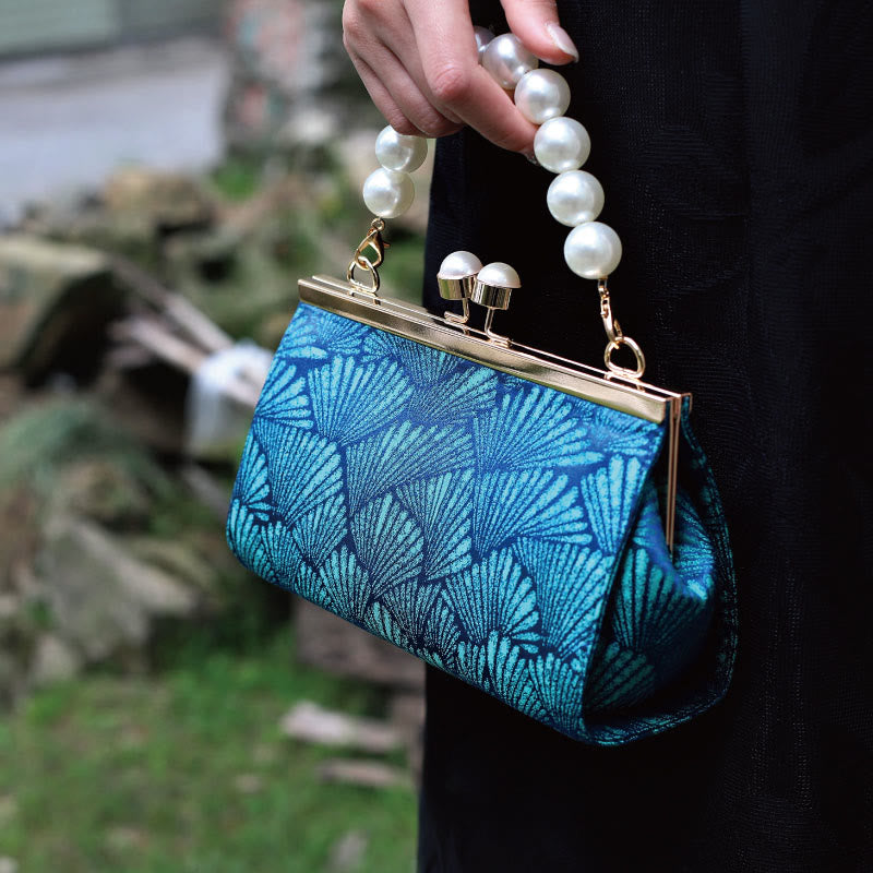 Vintage Peacock Blue Leaf Pattern Pearl Metal Handbag
