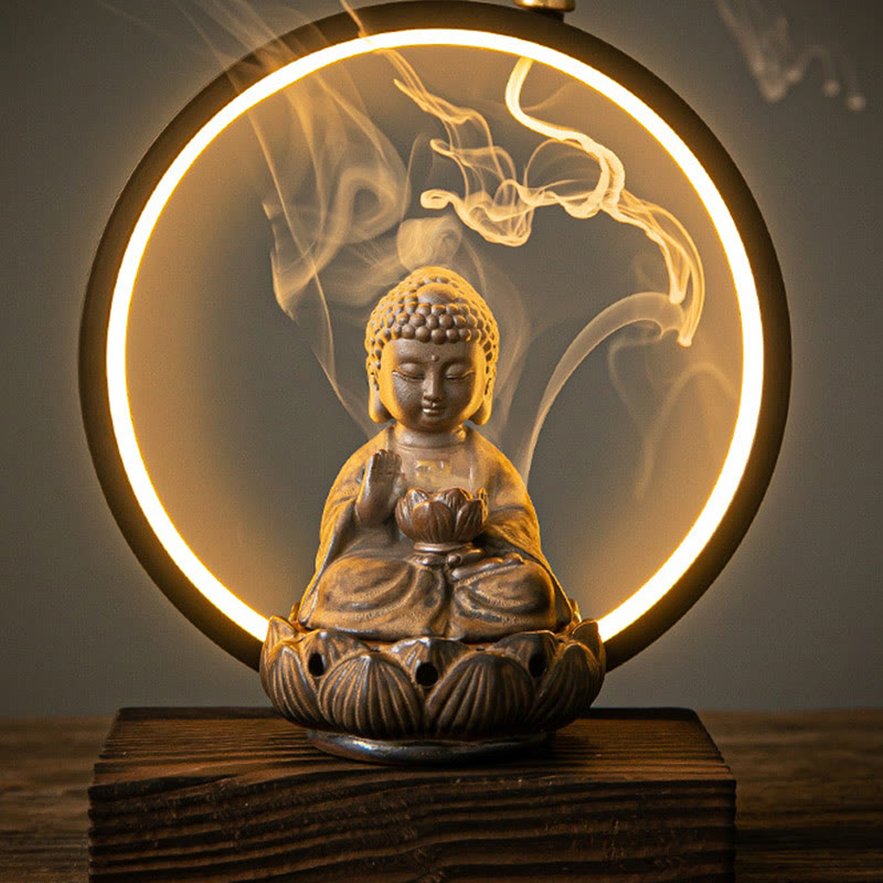 Handcrafted Ceramic Buddha Lotus Backflow Smoke Fountain Incense Burner with Light for Meditation & Yoga