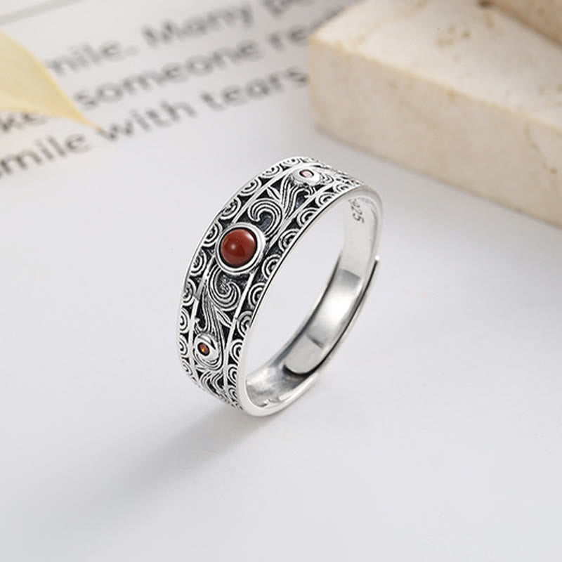 925 Sterling Silver Embedded Red Agate Auspicious Clouds Logical Thinking Ring