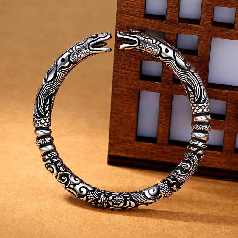 Hand-Carved Sterling Silver and Copper Dragon Head Bangle Bracelet