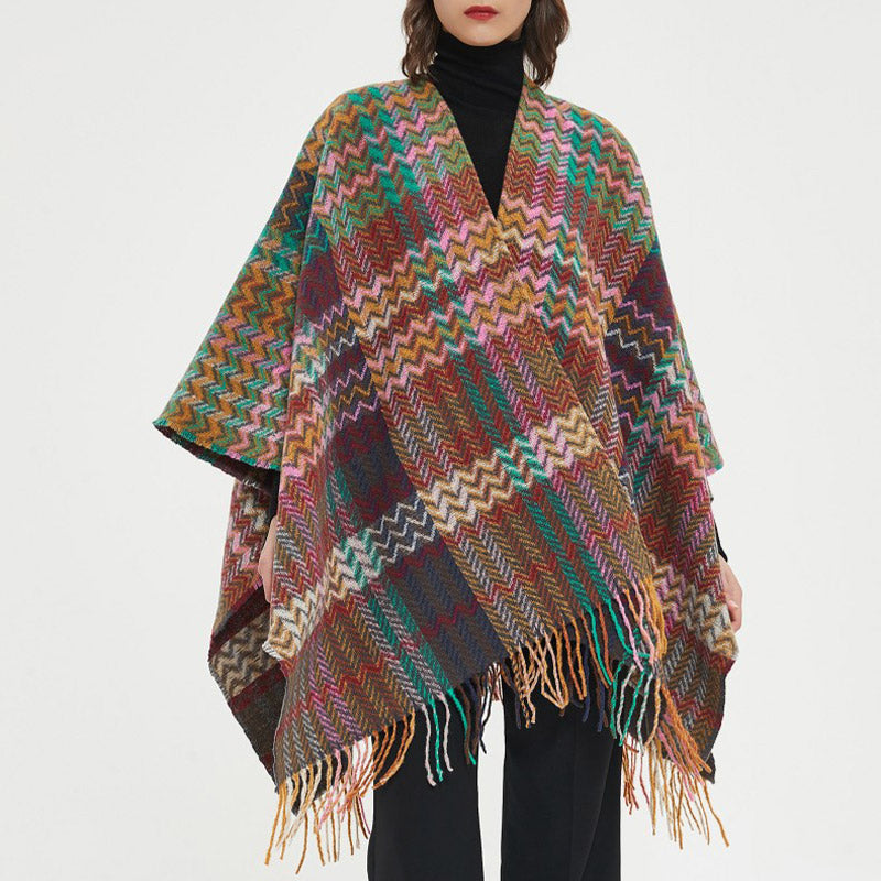 Tibetan Shawl Colorful Wavy Line Tassels Winter Cozy Travel Scarf Wrap