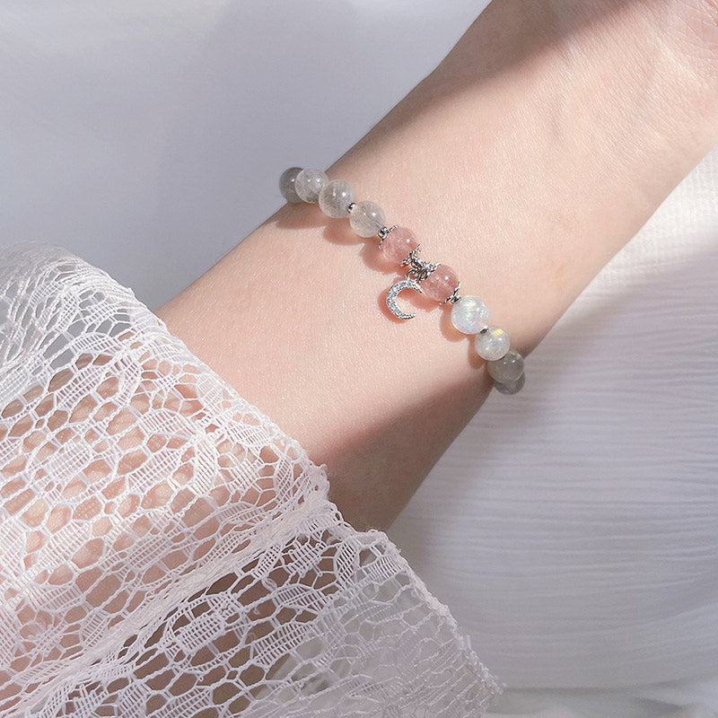 Strawberry Quartz Moonstone Luck Moon Charm Bracelet