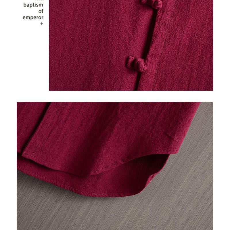 Frog-Button Plain Chinese Tang Suit Short Sleeve Shirt Cotton Linen Men Clothing