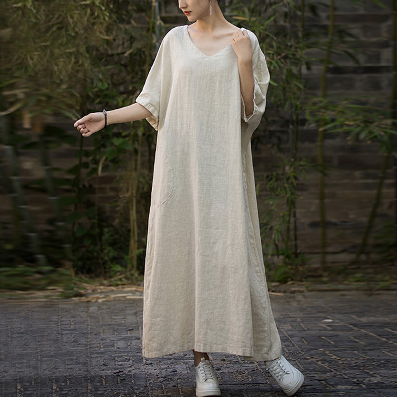Solid Color V-Neck Half Sleeve Ramie Linen Midi Dress With Pockets
