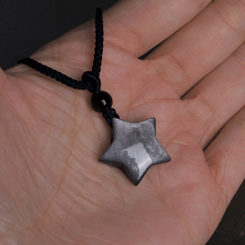 Natural Silver Sheen Obsidian Star Crescent Moon Protection Necklace Pendant