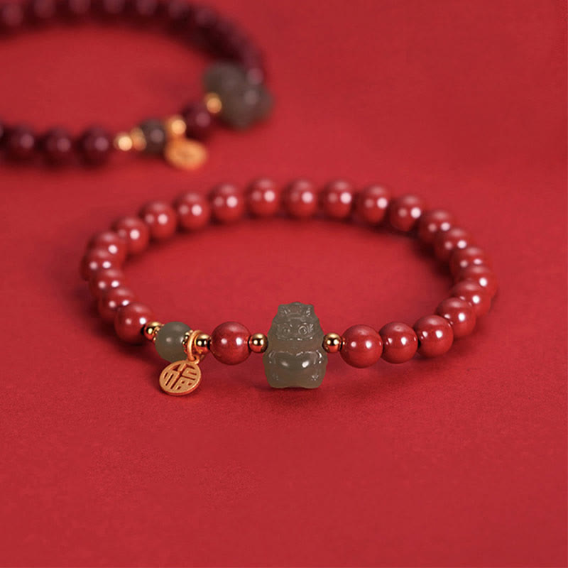925 Sterling Silver Year of the Dragon Natural Cinnabar Hetian Jade Dragon Fu Character Ruyi As One Wishes Charm Blessing Bracelet