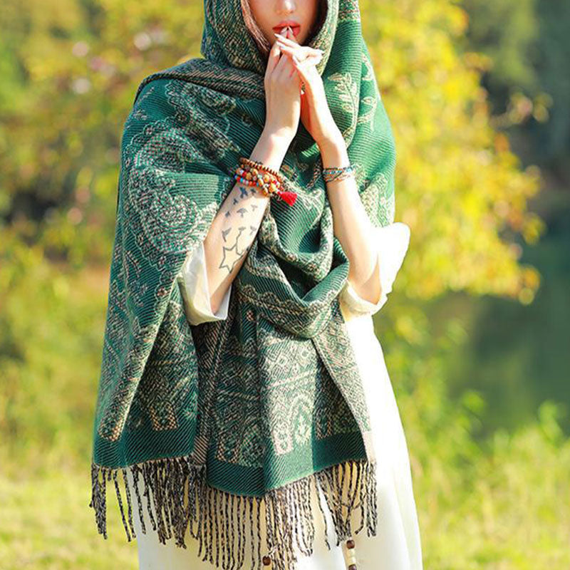 Vintage Tibetan Leaves Pattern Design Shawl Cozy Travel Scarf Wrap
