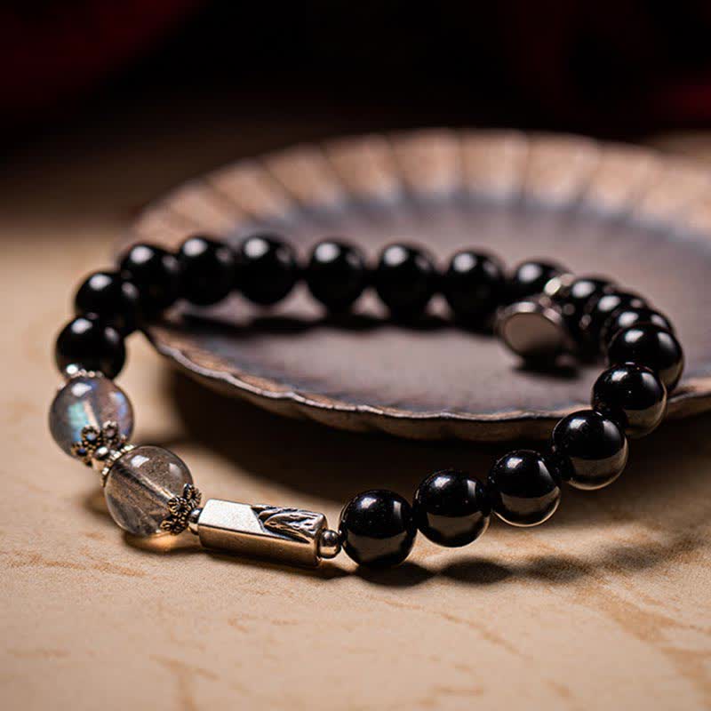 925 Sterling Silver Black Obsidian and Moonstone Beaded Couple Bracelet Set