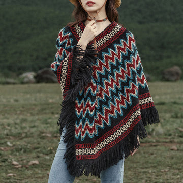 Tibetan Shawl Striped Knitted Tassels Pullover Winter Cozy Travel Scarf Wrap