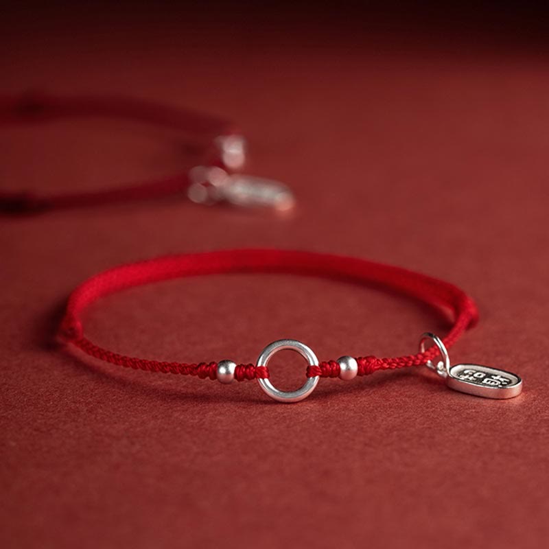 925 Sterling Silver Ping An Kou Lotus Red String Bracelet with Peace and Joy Charms