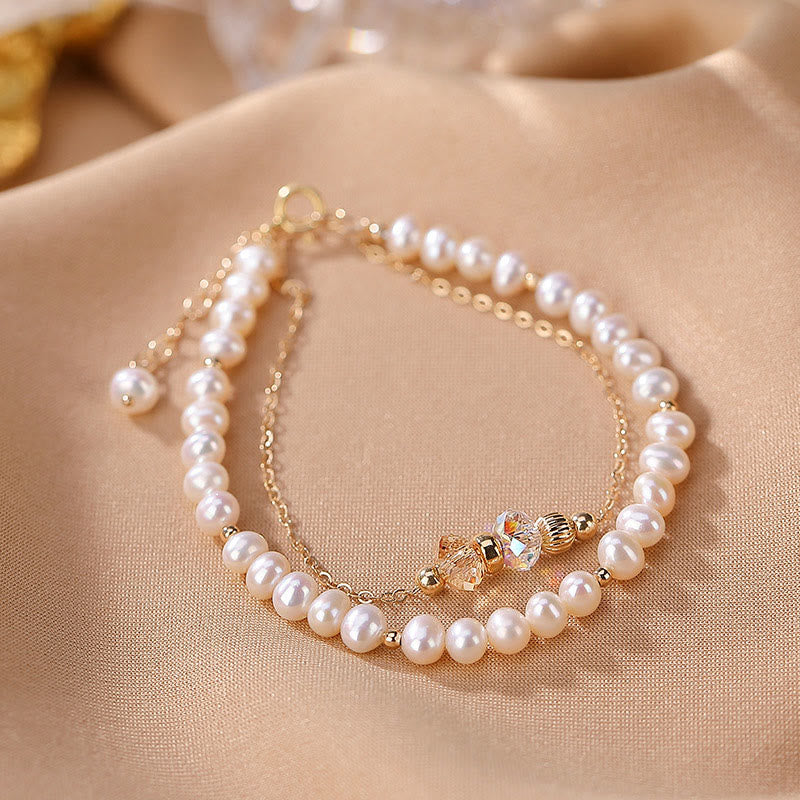 925 Sterling Silver Plated 14k Gold Natural Pearl Crystal Healing Double Layer Bracelet