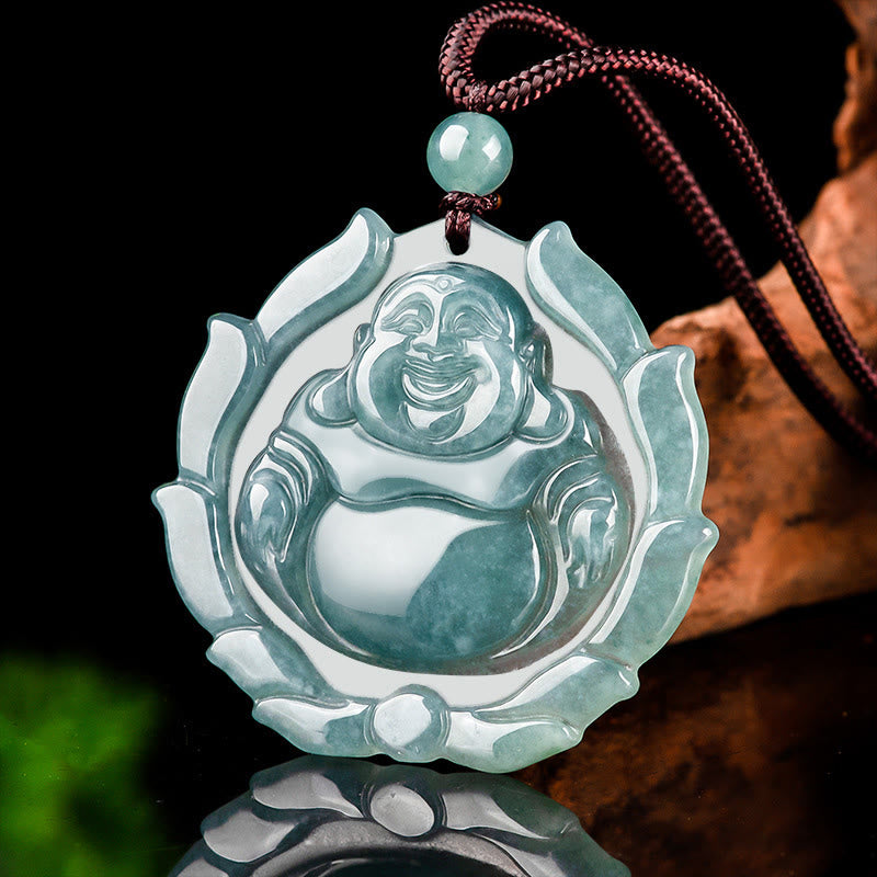 Natural Jade Laughing Buddha Lotus Pattern Luck Necklace Pendant