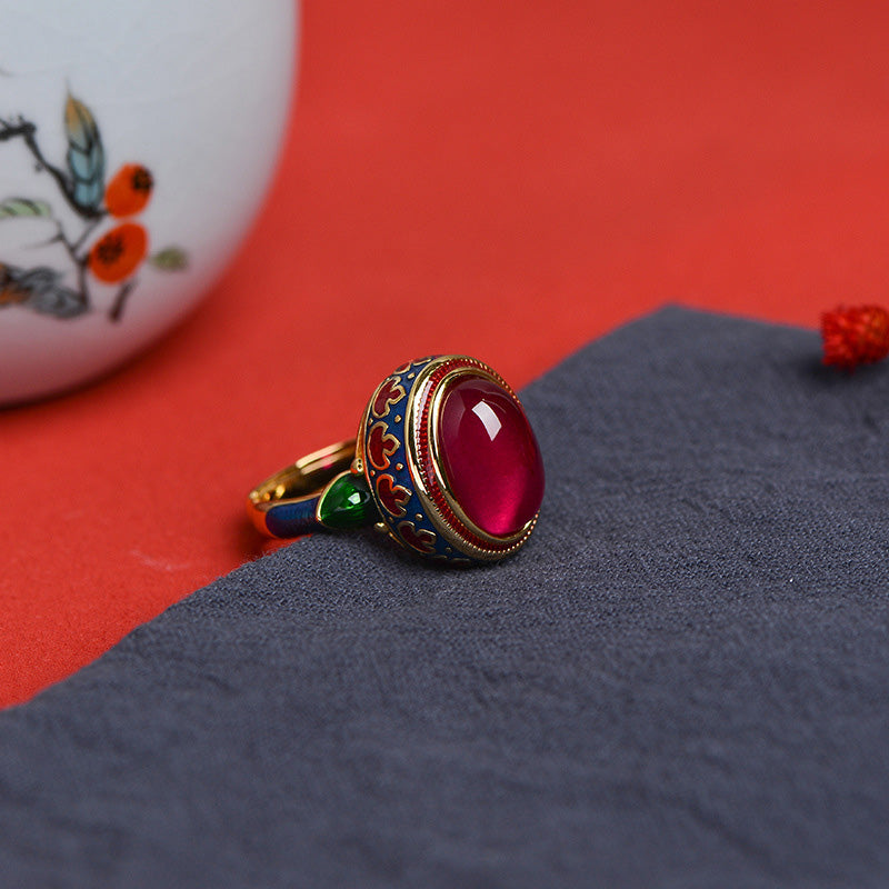 Adjustable 925 Sterling Silver Ruby Ring with Floral & Leaf Motifs