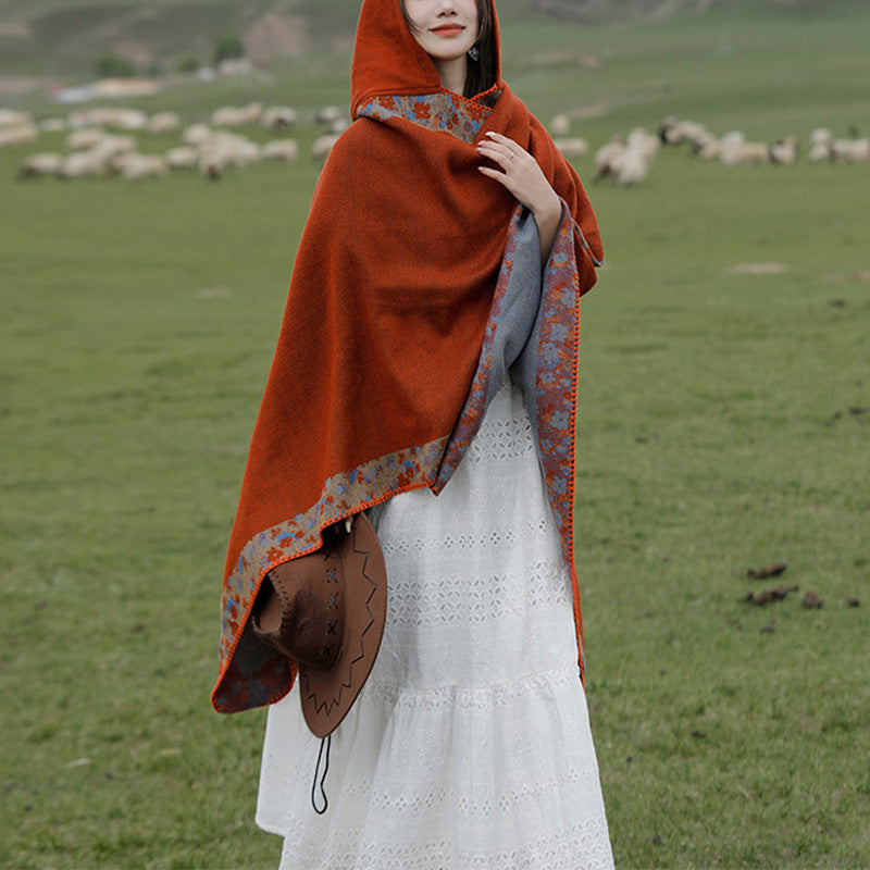Tibetan Shawl Border Small Floral Flower Hooded Cloak Winter Cozy Travel Scarf Wrap