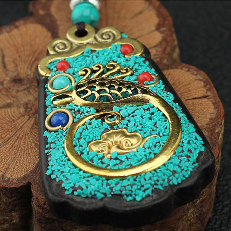 Tibet God Of Wealth Money Tree Golden Phoenix Thangka Ebony Peace Necklace Pendant