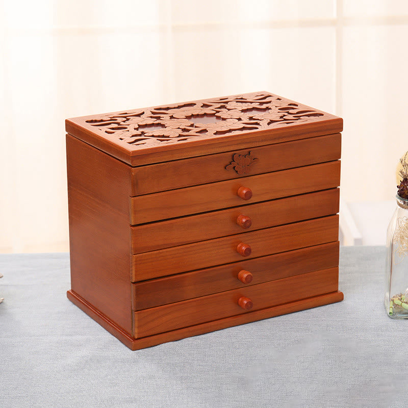 Vintage Floral Carved Paulownia Wood Six-Layer Large Capacity Jewelry Box
