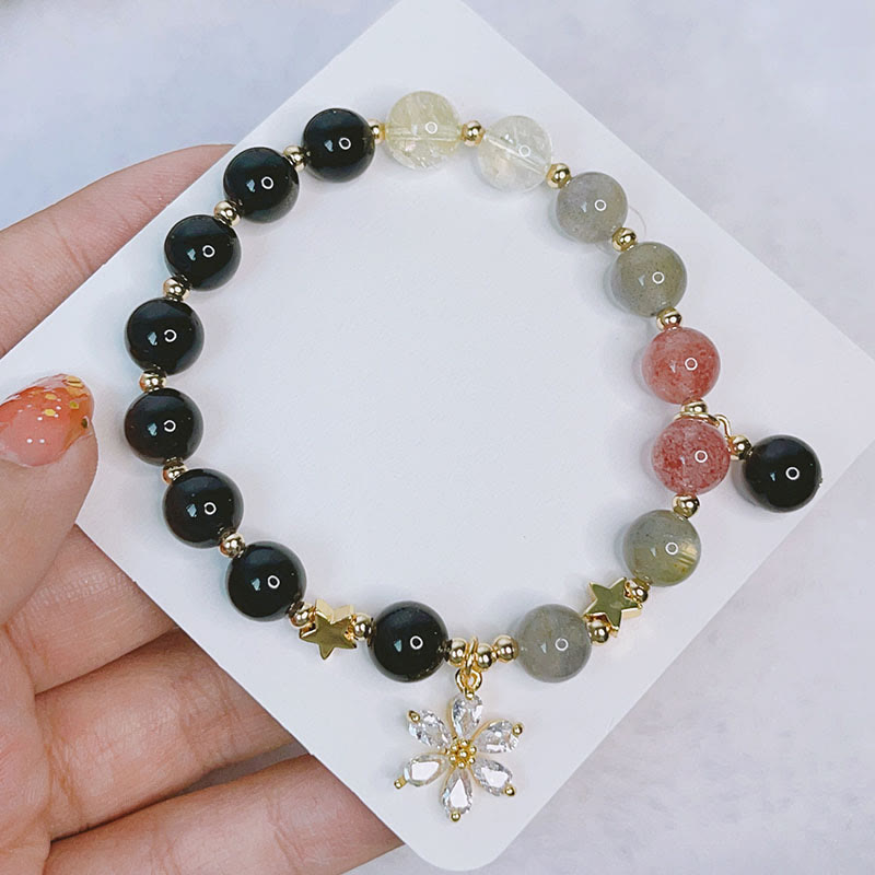 Natural Silver Sheen Obsidian Love Heart Star Flower Protection Bracelet