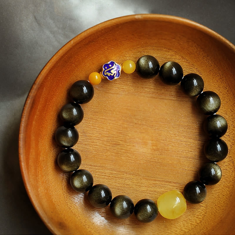 Natural Gold Sheen Obsidian & Amber Bracelet with 925 Sterling Silver and Zodiac Guardian