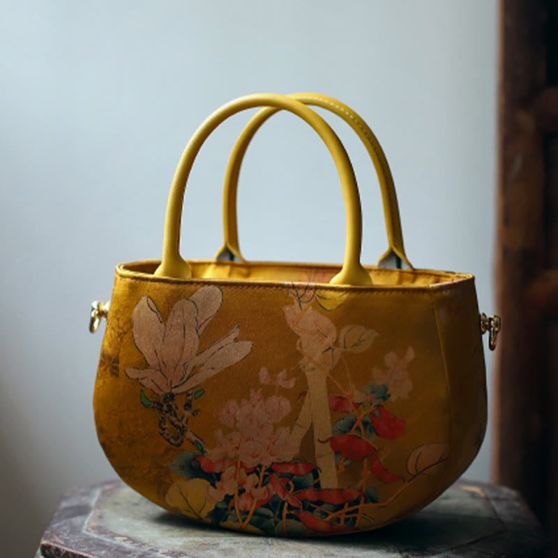 Vintage Flower Peony Metal Chain Zipper Handbag Crossbody Bag Shoulder Bag