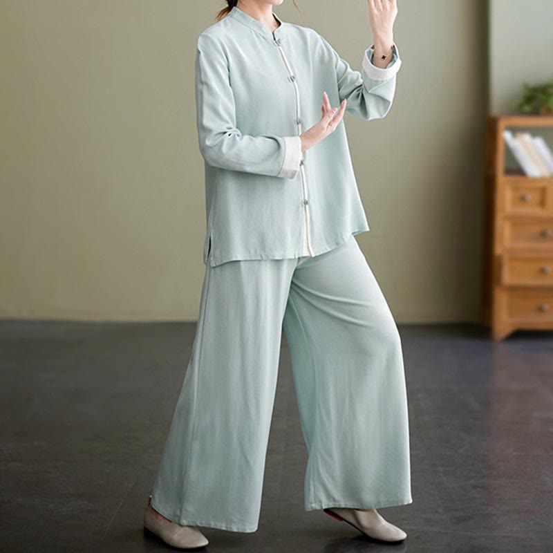 2Pcs Tang Suit Long Sleeve Shirt Top Pants Meditation Zen Tai Chi Cotton Linen Clothing Women's Set
