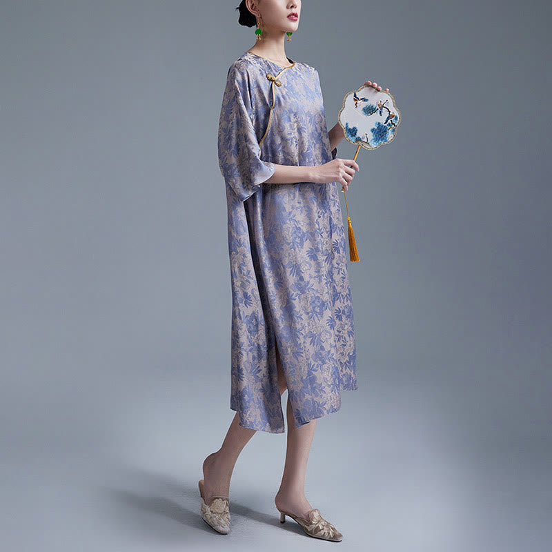Small Flower Leaf Jacquard Chinese Cheongsam Qipao Midi Dress With Pockets