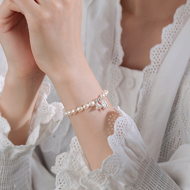 999 Sterling Silver Lotus Flower Pod & Natural Pearl Bracelet