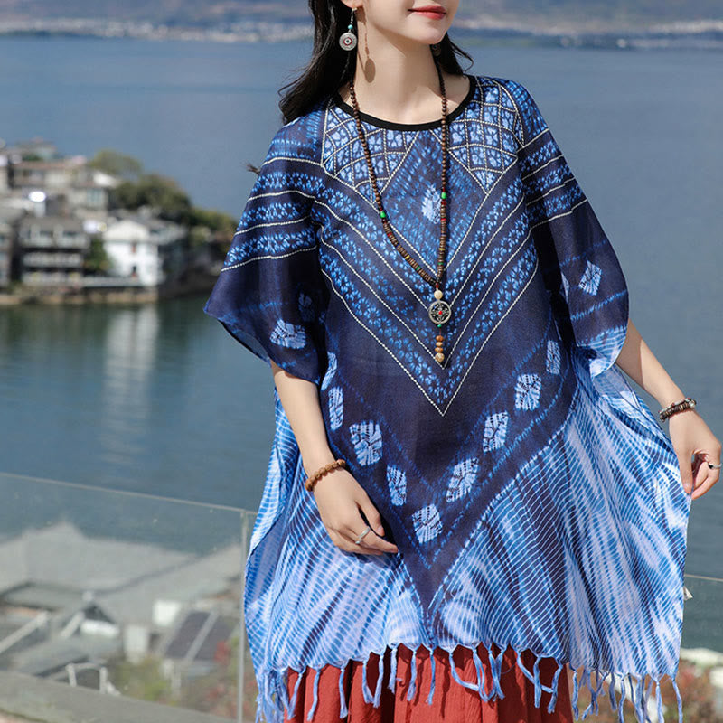 Soft-Touch Blue Geometric Batik Meditation Pullover Shawl