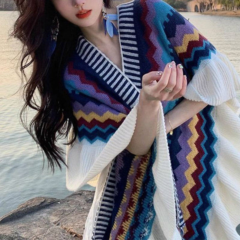 Tibetan Shawl Colorful Striped Wavy Line Tassels Winter Cozy Travel Scarf Wrap