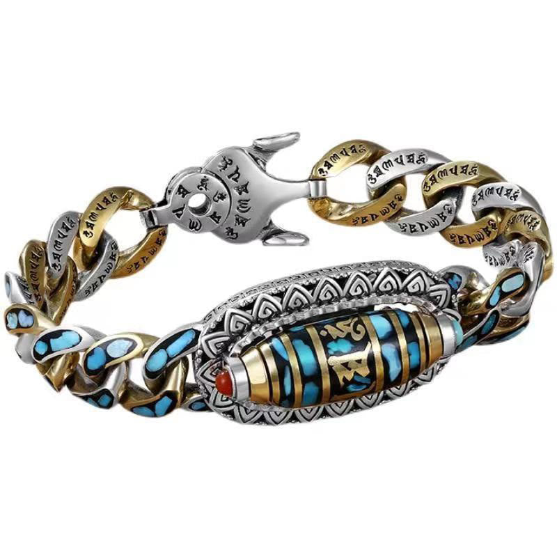 Tibetan Nine-Eye Dzi Bead Om Mani Padme Hum Turquoise Protection Rotatable Bracelet