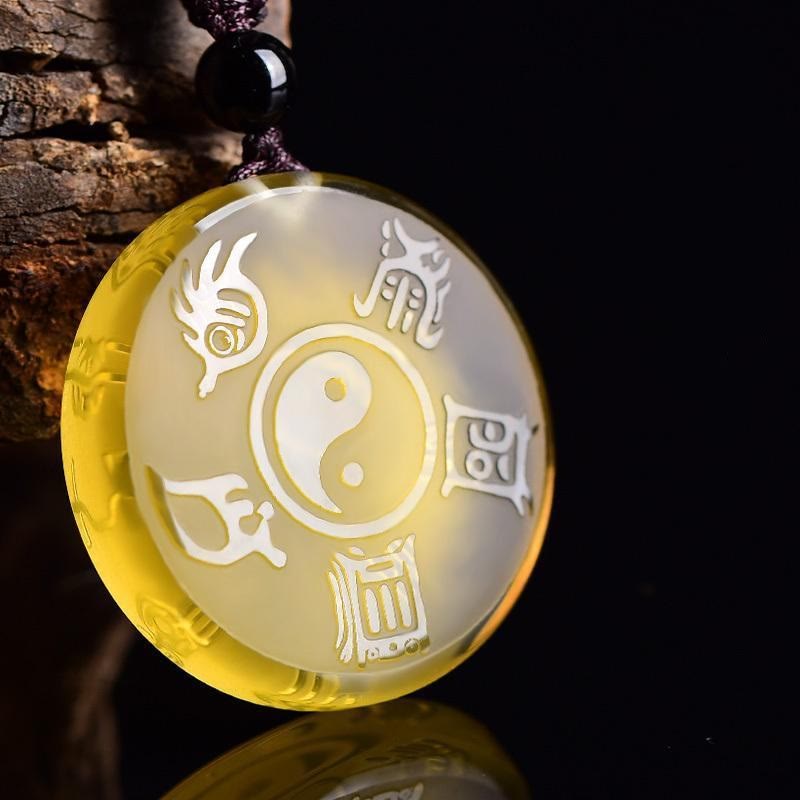 Taoism Five Sacred Mountains Yin Yang Symbol Liuli Crystal Balance Necklace Pendant Key Chain