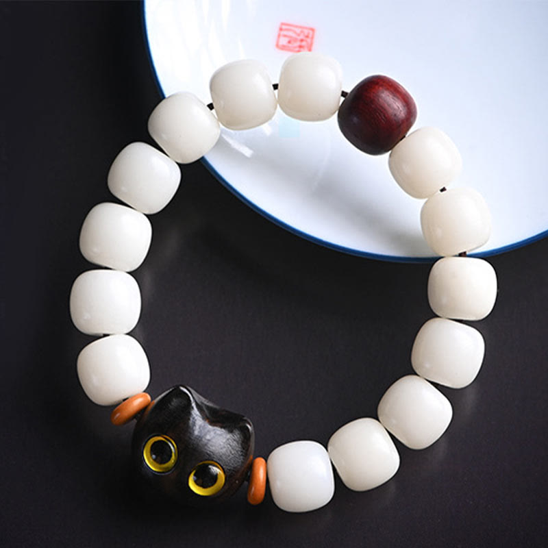 Natural Bodhi Seed Small Leaf Red Sandalwood Ebony Wood Cute Lucky Cat Wisdom Bracelet