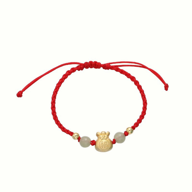 Braided Jade Wealth Bag and Fu Character Red String Bracelet