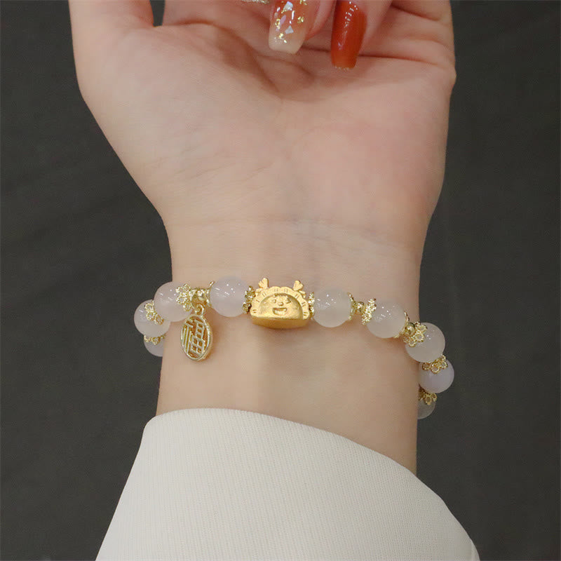 Year Of The Dragon Red Agate Strawberry Quartz Black Obsidian Jade Garnet Pearl Cinnabar Dumpling Dragon Luck Fu Character Bracelet