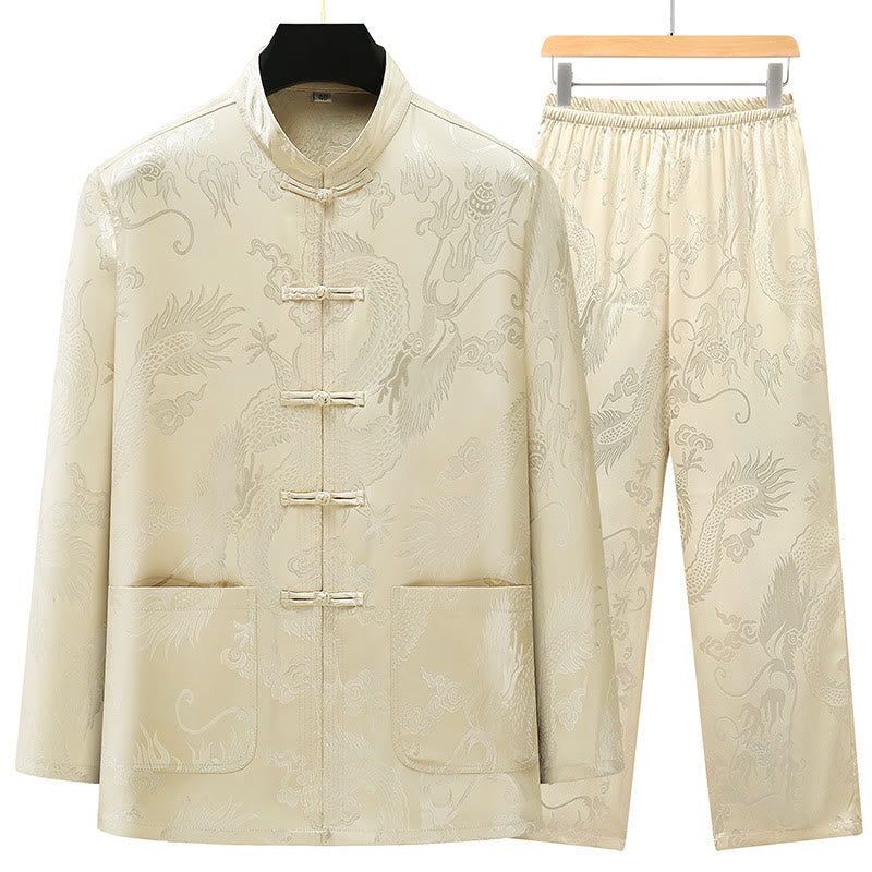 Tang Suit Men Hanfu Chinese Dragon Traditional Clothes Kung Fu Shirt Uniform Long Sleeved Coat Tops and Pants Clothing Men's Set