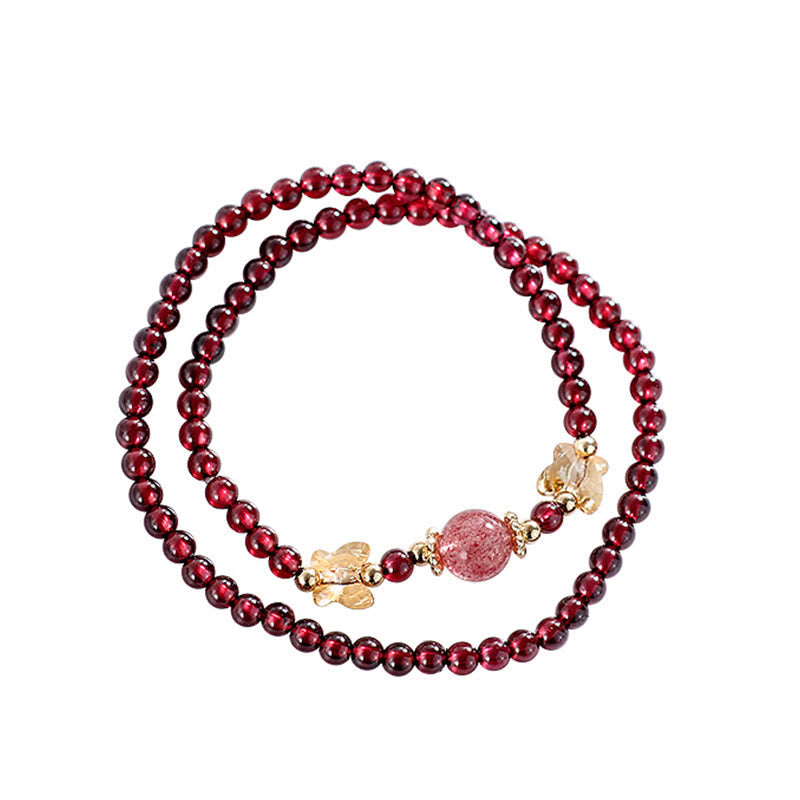14K Gold Plated Natural Garnet Strawberry Quartz Butterfly Protection Double Wrap Bracelet