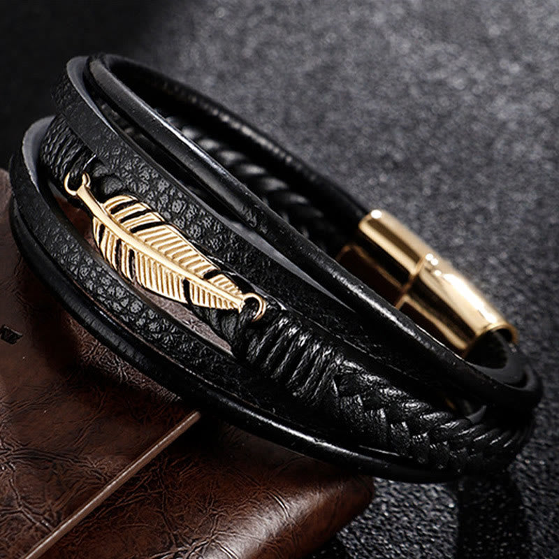 Feather Pattern Multilayer Leather Titanium Steel Calm Braided Magnetic Buckle Bracelet