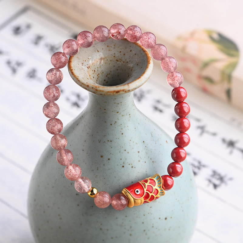 Natural Strawberry Quartz Cinnabar Lucky Koi Fish Healing Bracelet