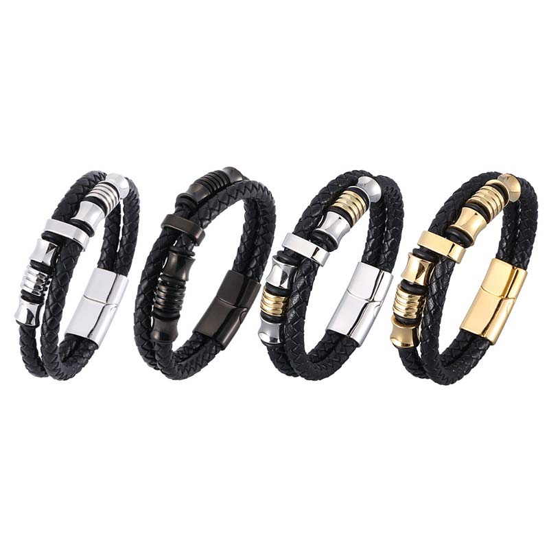 Minimalist Layered Braided Leather & Titanium Steel Bracelet