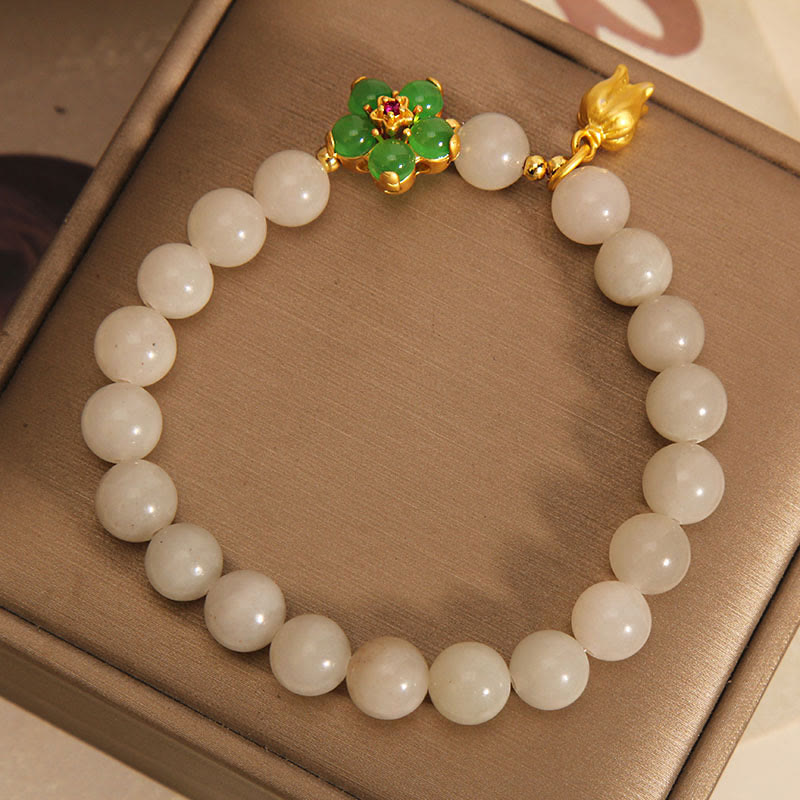 Natural Jade Green Flower Lily Of The Valley Luck Bracelet
