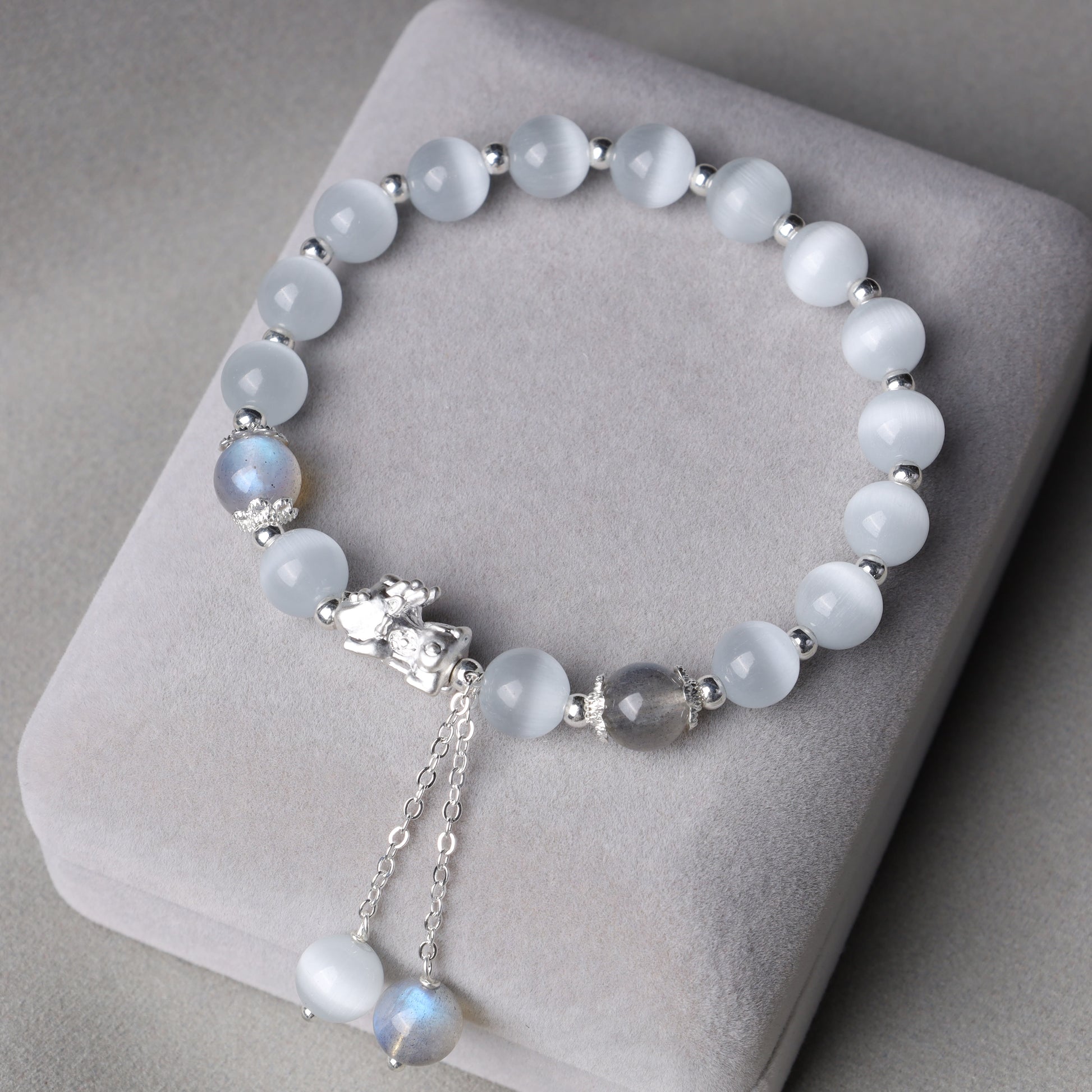 Natural Cat's Eye Moonstone Strawberry Quartz PiXiu Support Bracelet