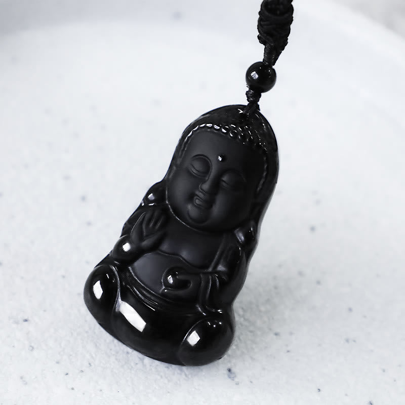 Natural Black Obsidian Crystal Buddha Strength Protection Amulet Lucky Charm Pendant Necklace