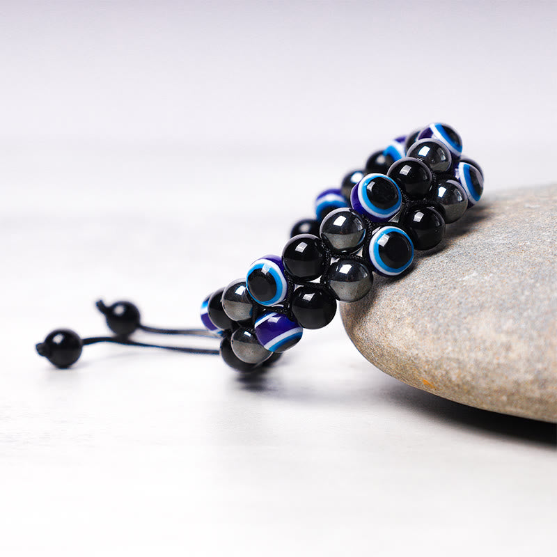 Handmade Evil Eye Hematite and Tiger Eye Adjustable Beaded Bracelet for Men and Women