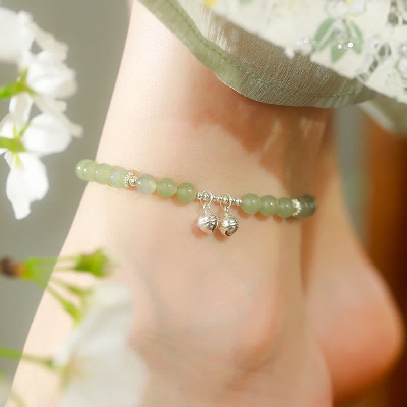 925 Sterling Silver Natural Hetian Jade Bell Charm Anklet
