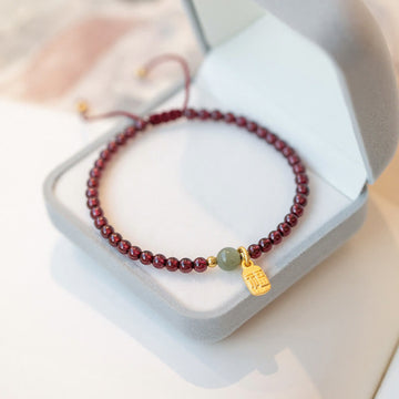 Garnet Jade Fu Prosperity Character Beaded Bracelet