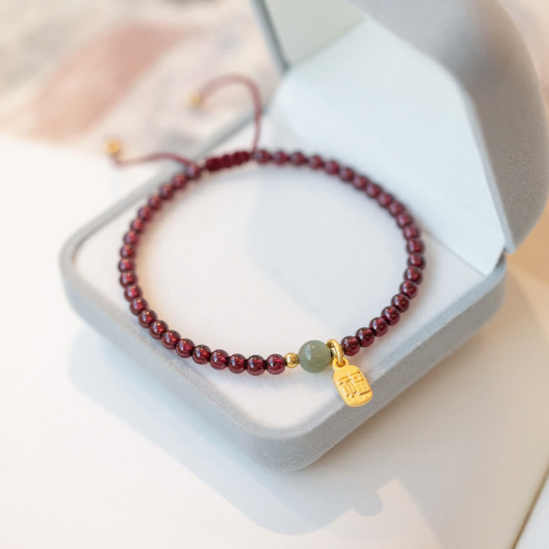Natural Jade & Strawberry Quartz Garnet Fu Prosperity Character Beaded Bracelet