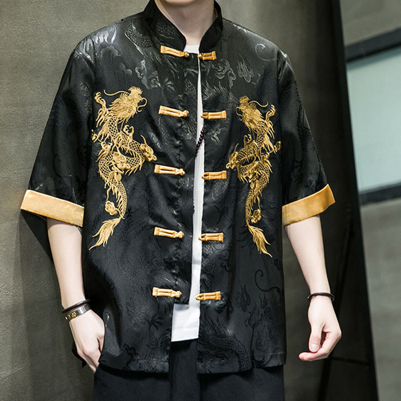 Frog-Button Chinese Dragon Embroidery Half Sleeve Shirt Linen Men Clothing