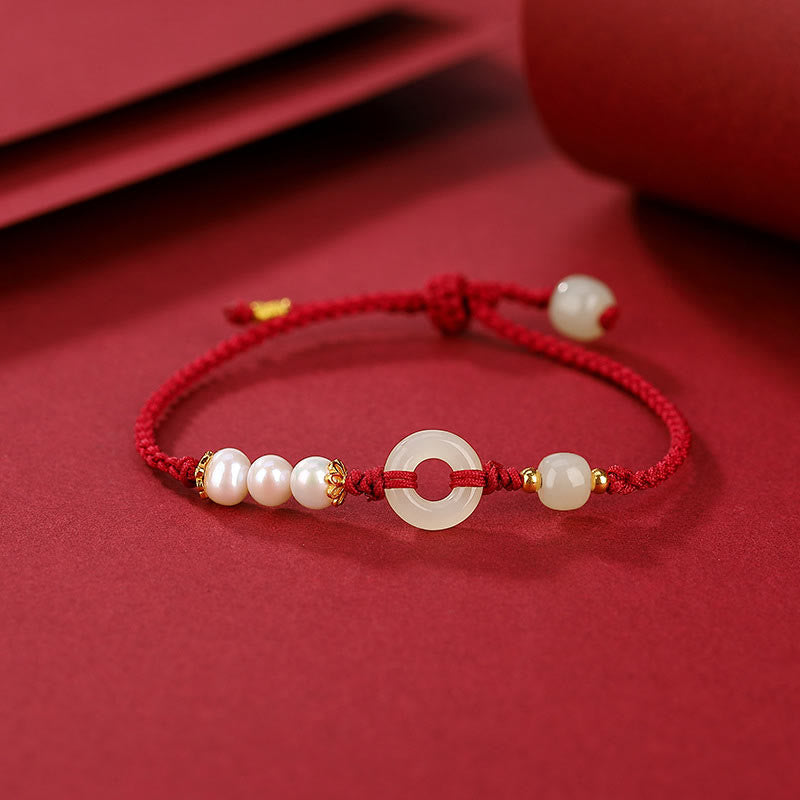 Hetian Jade Ping An Kou Pearl 925 Sterling Silver Gold Plated Red String Bracelet