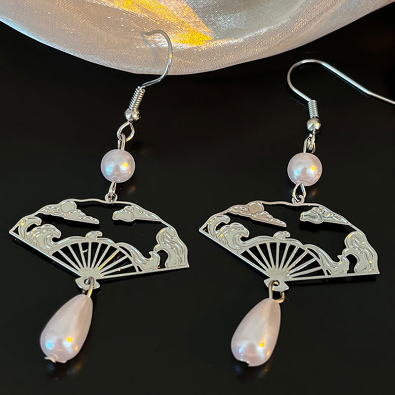 Copper Fan Auspicious Clouds Pearl Healing Drop Earrings