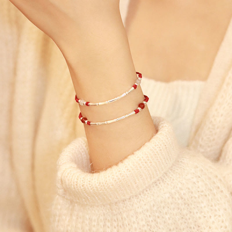 Sterling Silver Bamboo & Agate Bead Braided Red String Bracelet